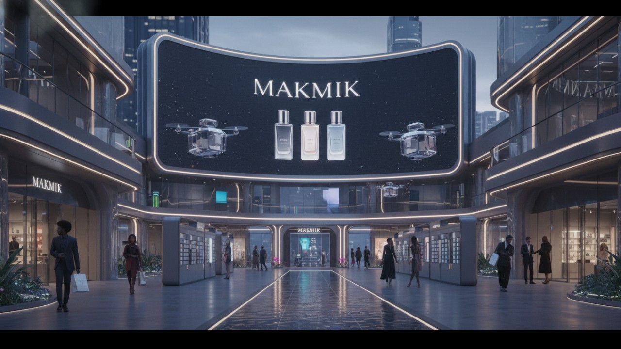 A futuristic and successful retail environment showcasing the MAKMIK brand logo on a large digital screen