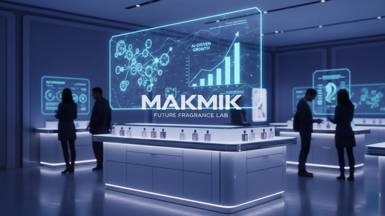 Une interface numérique futuriste affichant des données d'IA et les tendances de découverte de parfums pour un kiosque à parfums MAKMIK.