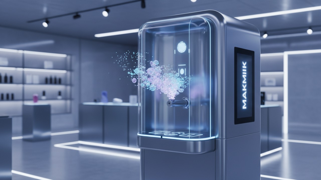 A futuristic MAKMIK smart perfume kiosk featuring holographic displays and advanced digital interface