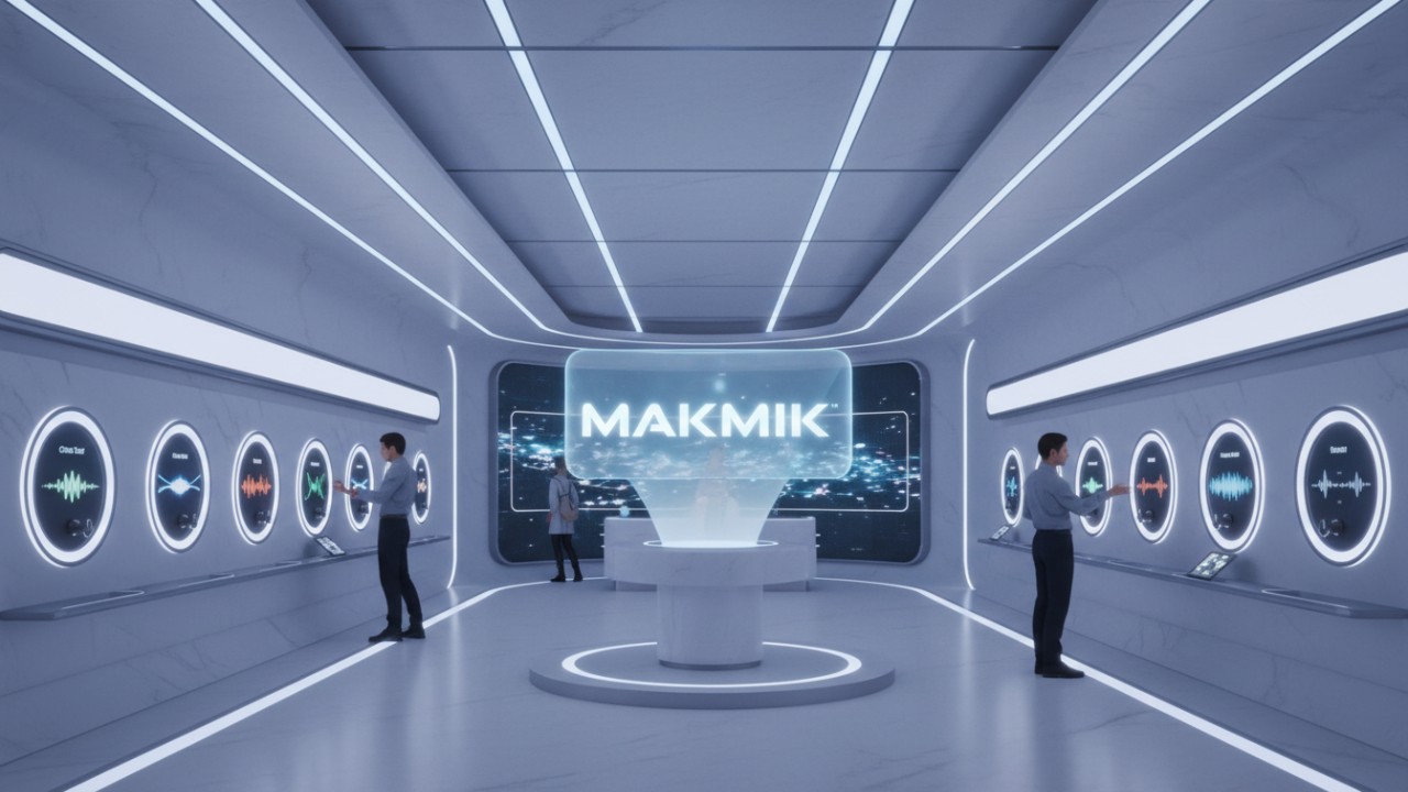 A futuristic retail boutique featuring interactive fragrance technology and a glowing holographic MAKMIK brand sign.