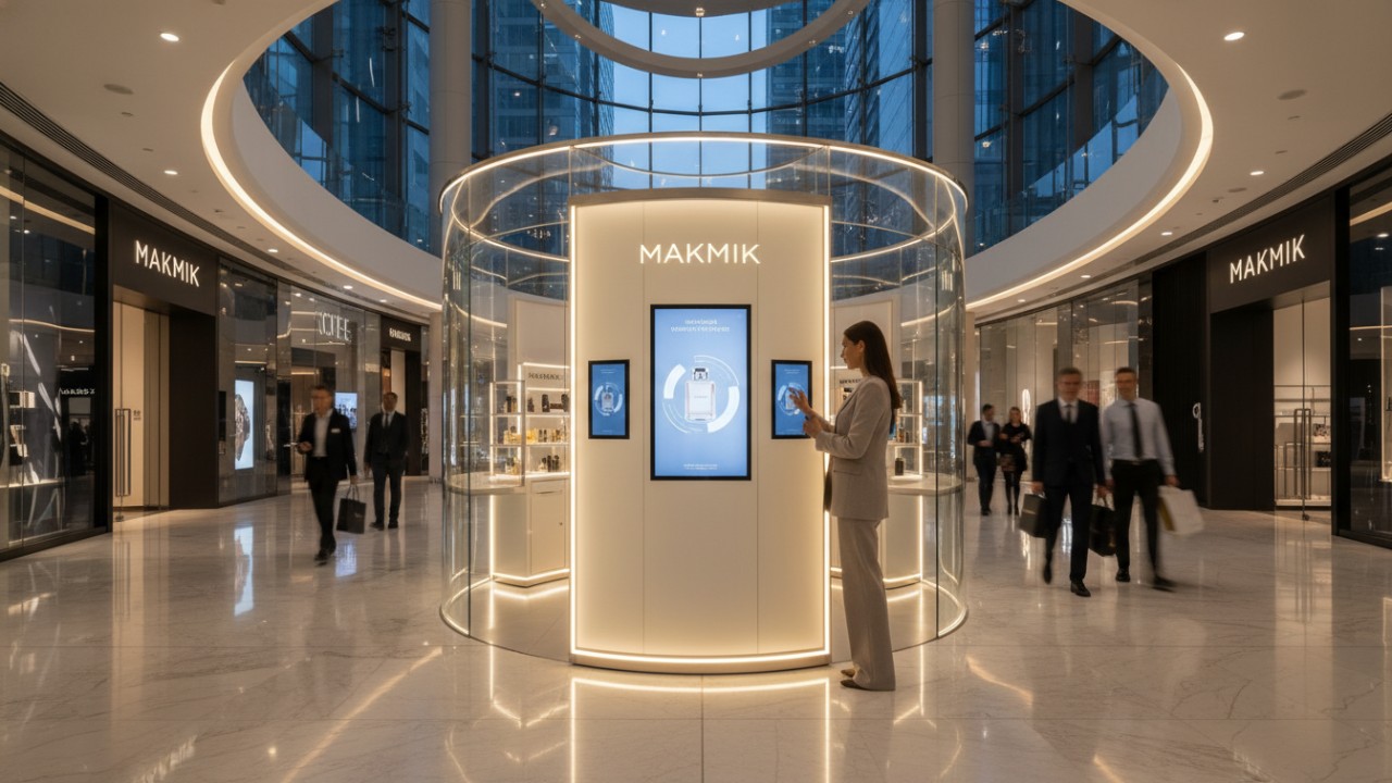 A glowing MAKMIK perfume kiosk in a luxury retail environment, symbolizing the successful integration of automated sales technology.