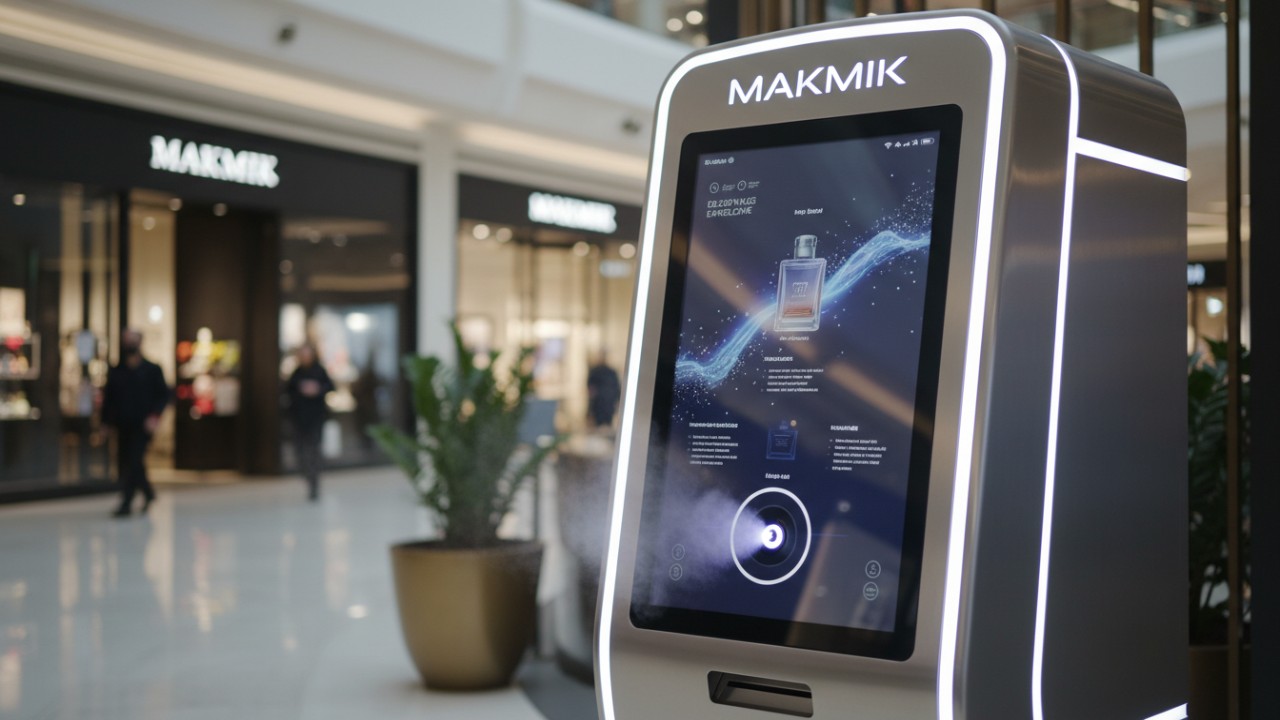 A high-end MAKMIK smart perfume vending machine with an interactive touchscreen in a modern mall setting.