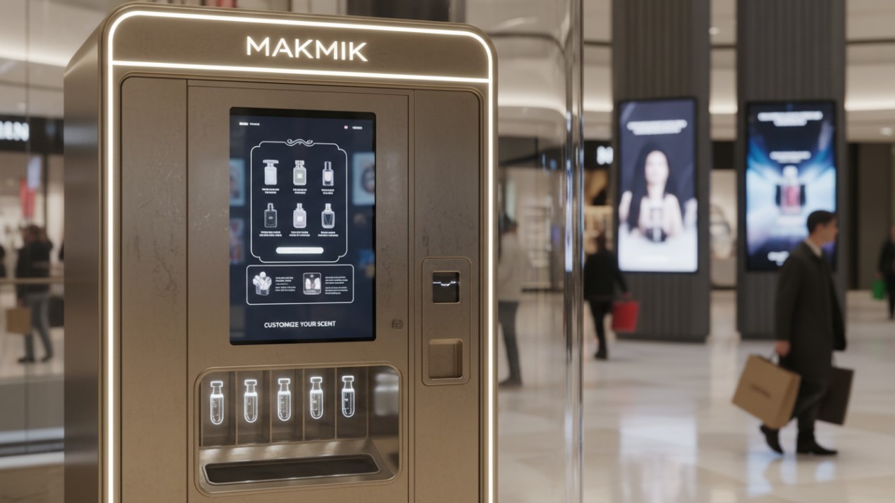 A high tech luxury MAKMIK perfume vending machine with a digital screen and gold finish in a modern shopping mall.