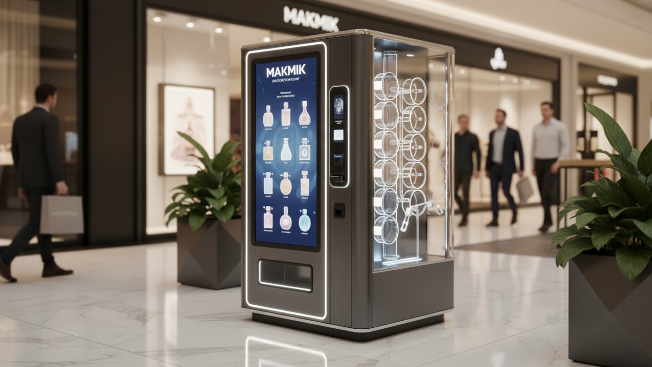 A high-tech MAKMIK perfume vending machine with a digital display in a luxury mall.
