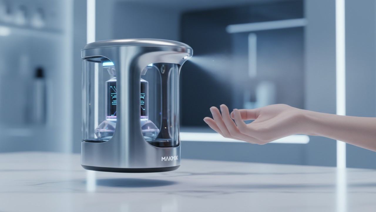 A high-tech MAKMIK smart perfume dispenser using touchless sensor technology to release a precise mist of fragrance.