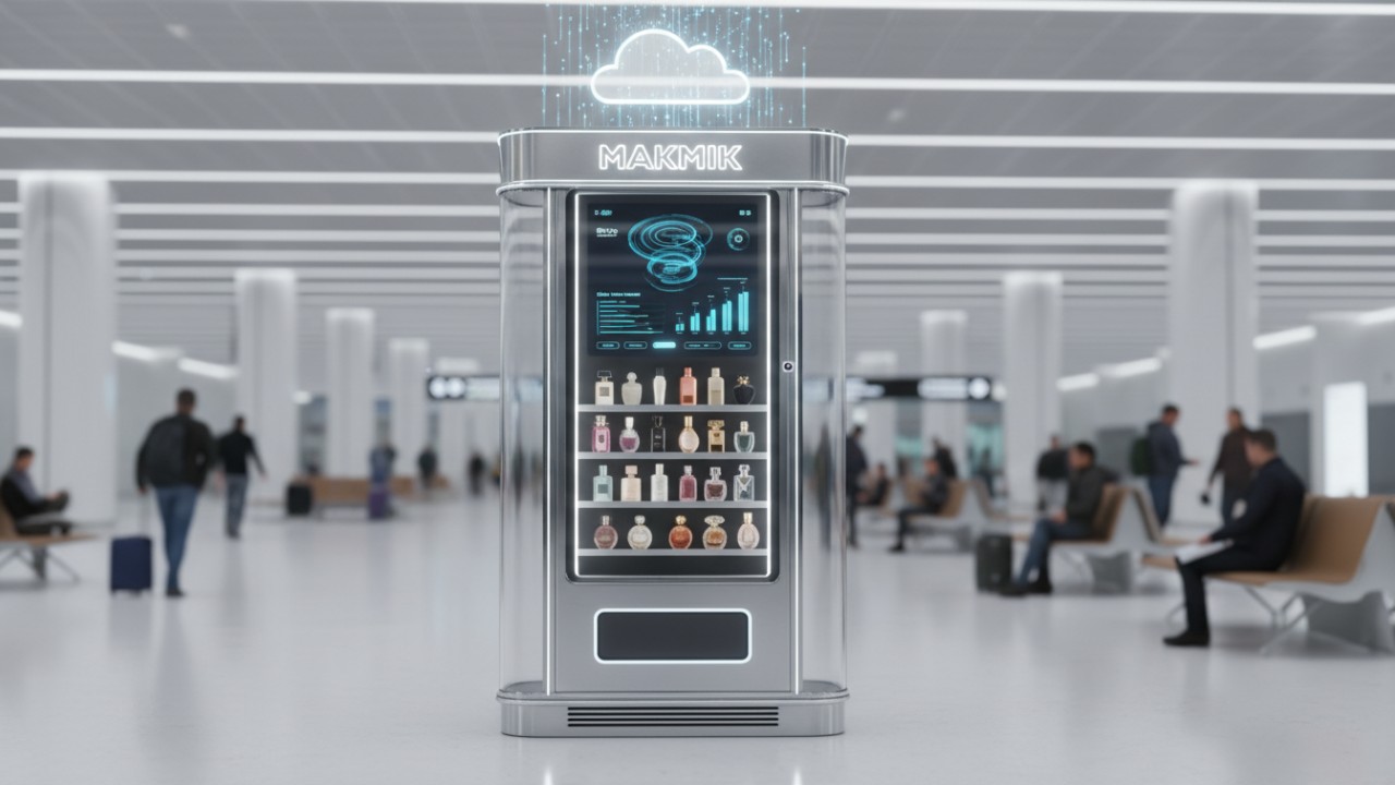 A high-tech perfume vending machine with a digital inventory dashboard on its screen and the MAKMIK brand name displayed on the header.