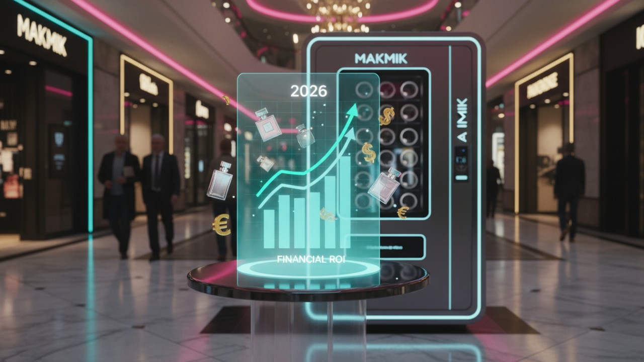 A holographic ROI chart showing growth next to a MAKMIK branded perfume vending machine in a high end 2026 retail setting.