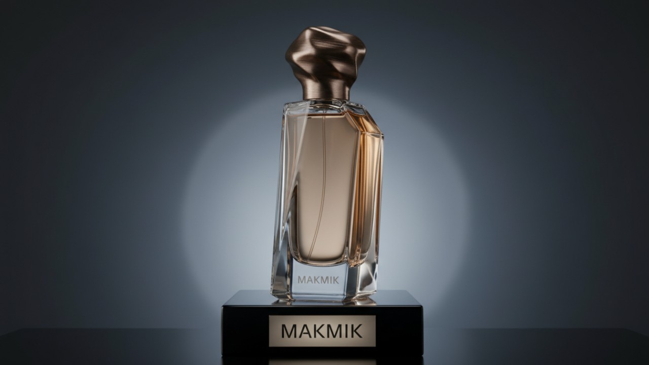 A luxurious custom glass fragrance bottle with the brand name MAKMIK etched into the surface on a black reflective base.
