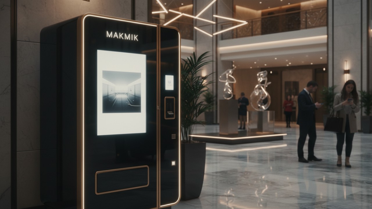 A luxury MAKMIK perfume vending machine with a digital screen standing in a modern hotel lobby.