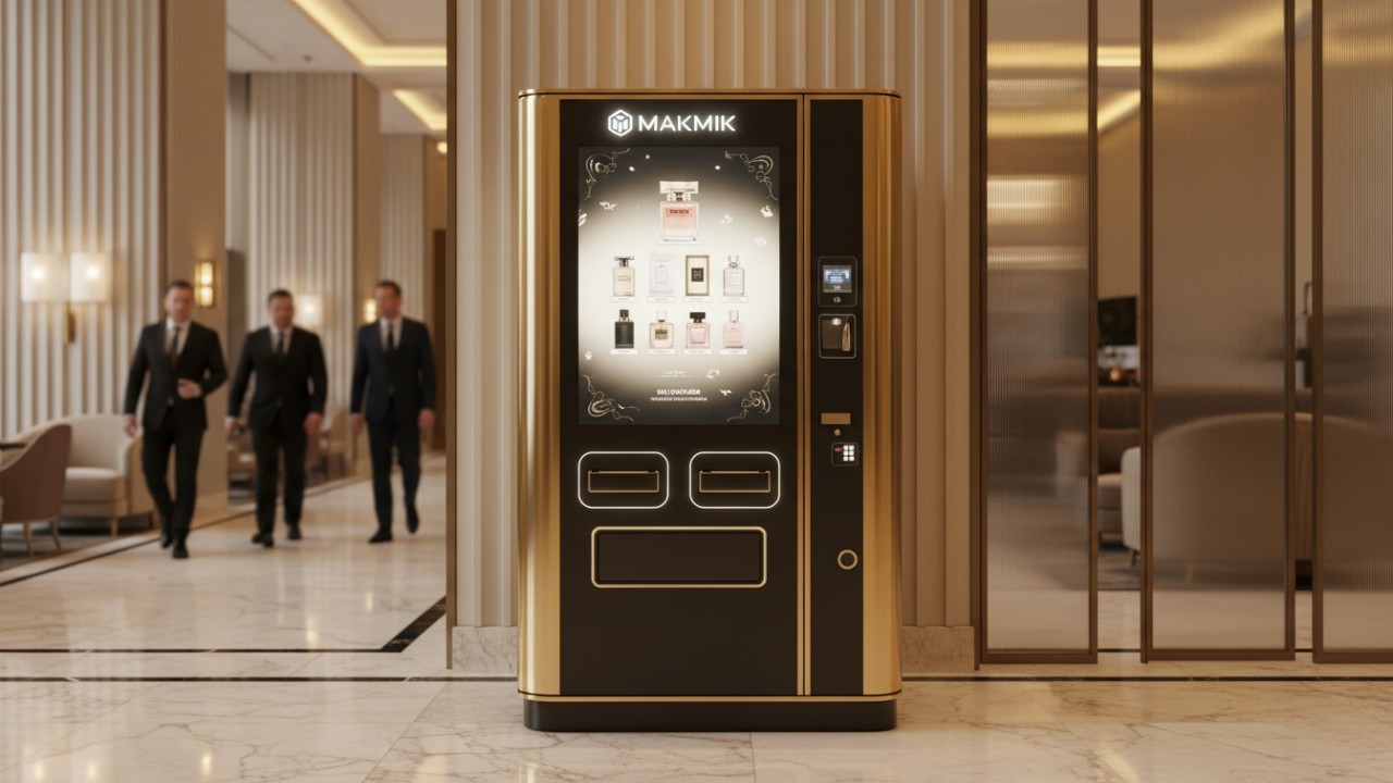 A luxury perfume vending machine branded with MAKMIK in a high-end hotel lobby environment