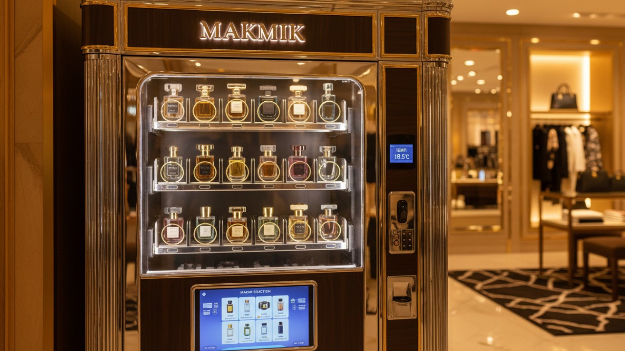 A luxury perfume vending machine with temperature control and the MAKMIK brand logo on its header.