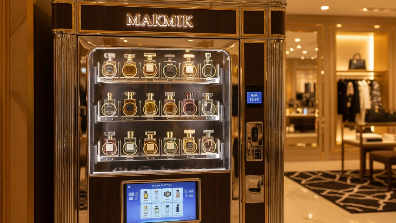 Un distributeur automatique de parfums de luxe avec contrôle de la température et le logo de la marque MAKMIK sur son panneau supérieur.