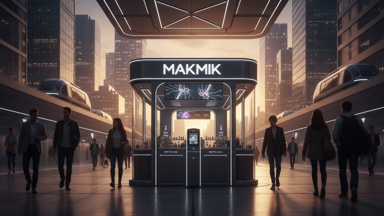 A MAKMIK automated retail kiosk stands as the centerpiece of a modern shopping concourse.