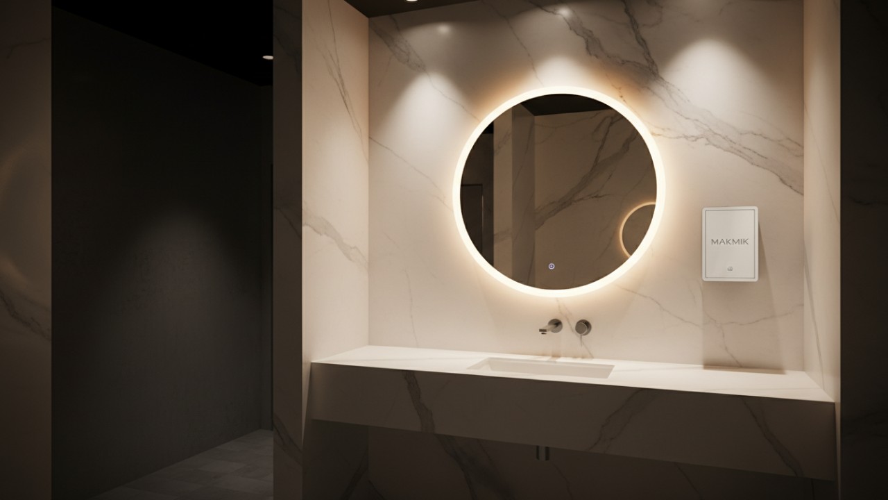 A MAKMIK perfume dispenser mounted on a marble wall next to a luxury vanity mirror in an upscale club.