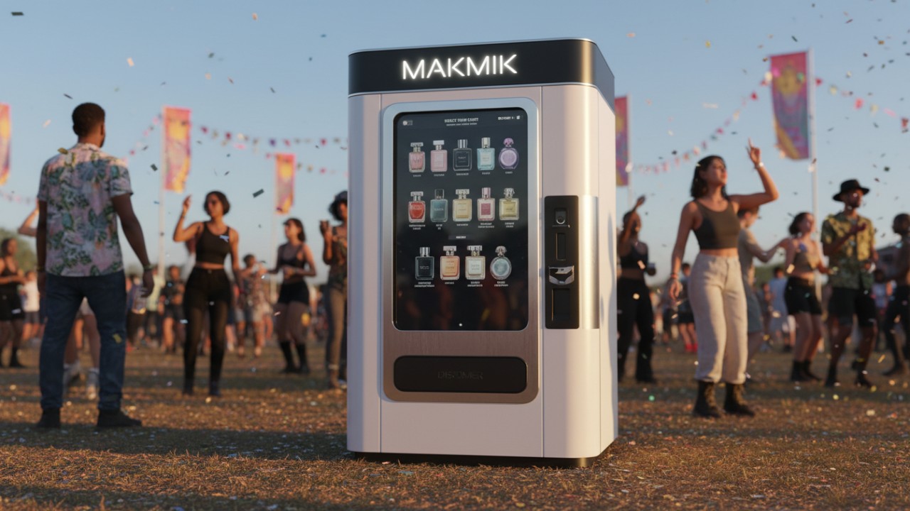 A modern MAKMIK mobile perfume vending machine standing at a sunny outdoor music festival.