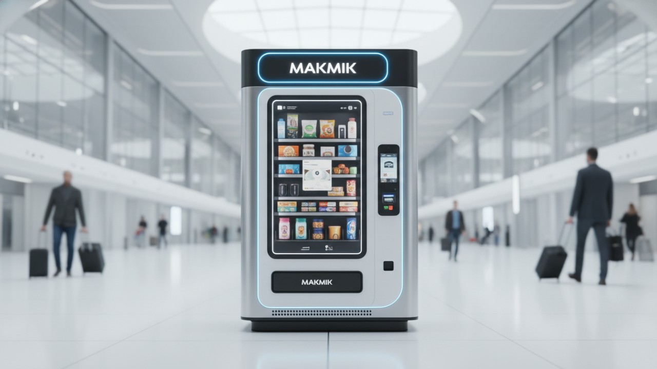 A modern MAKMIK smart vending machine standing in a futuristic airport terminal with the brand name visible on the top sign.