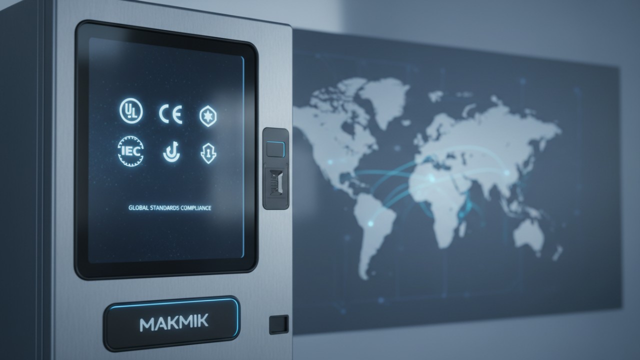 A modern vending machine displaying global safety certification logos on its screen with the brand name MAKMIK engraved on the metal frame.