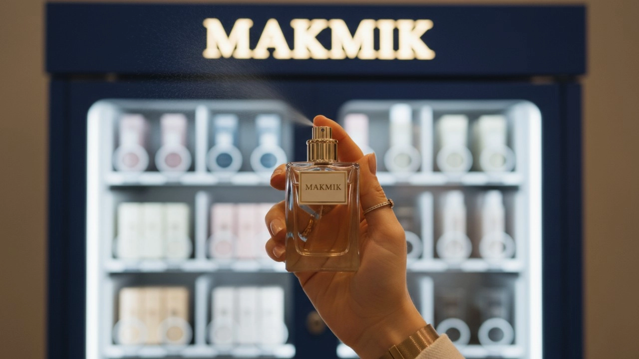 A person holding a premium perfume bottle dispensed from a MAKMIK automated kiosk in a luxury setting