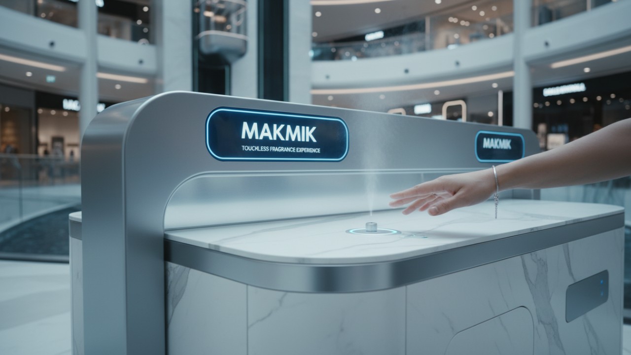A person interacting with a MAKMIK touchless perfume dispenser in a high-end retail store.