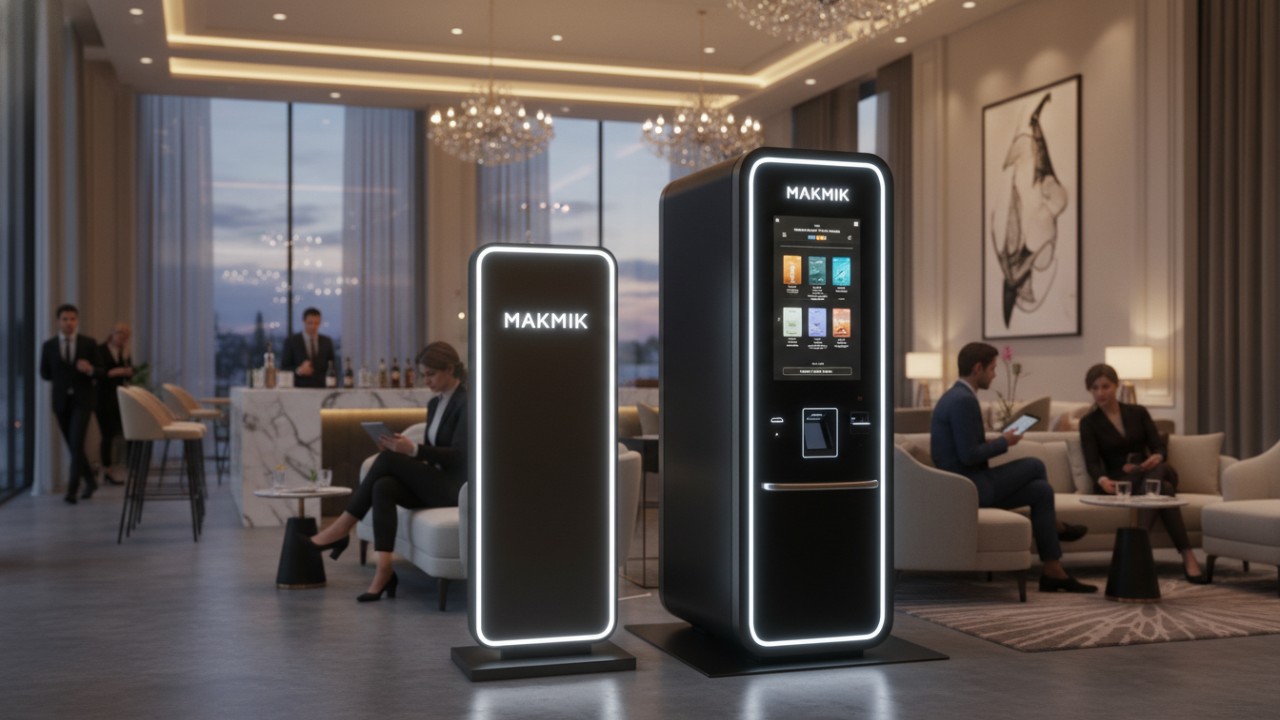 A professional and luxurious hotel lobby featuring a MAKMIK smart perfume vending machine as a modern retail solution.