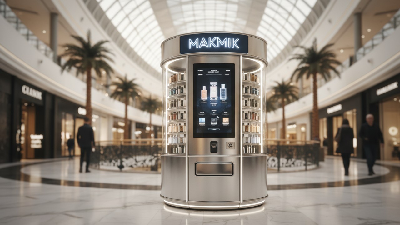 A professional photo of a finished MAKMIK perfume vending machine located in a luxury retail environment
