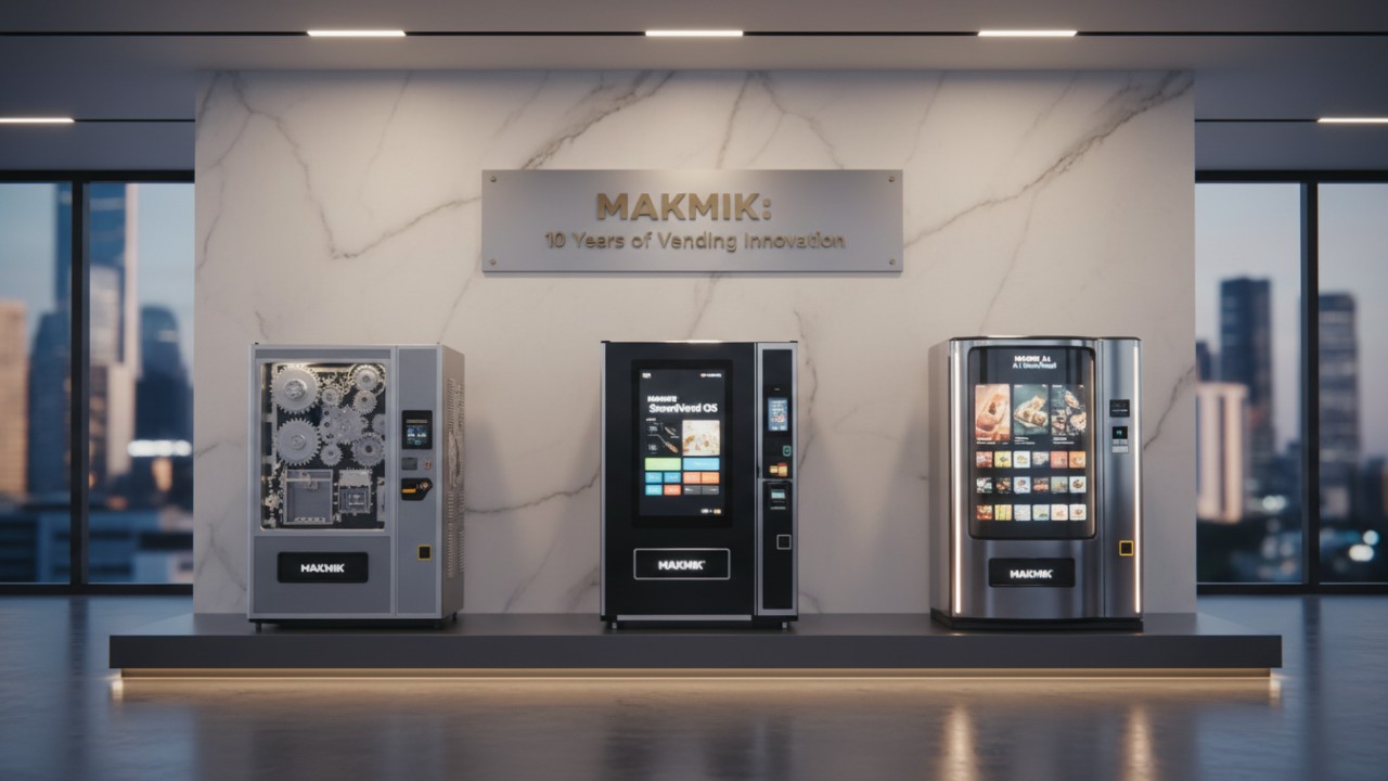 A professional showroom display celebrating 10 years of MAKMIK innovation with a timeline of evolving vending machine models.