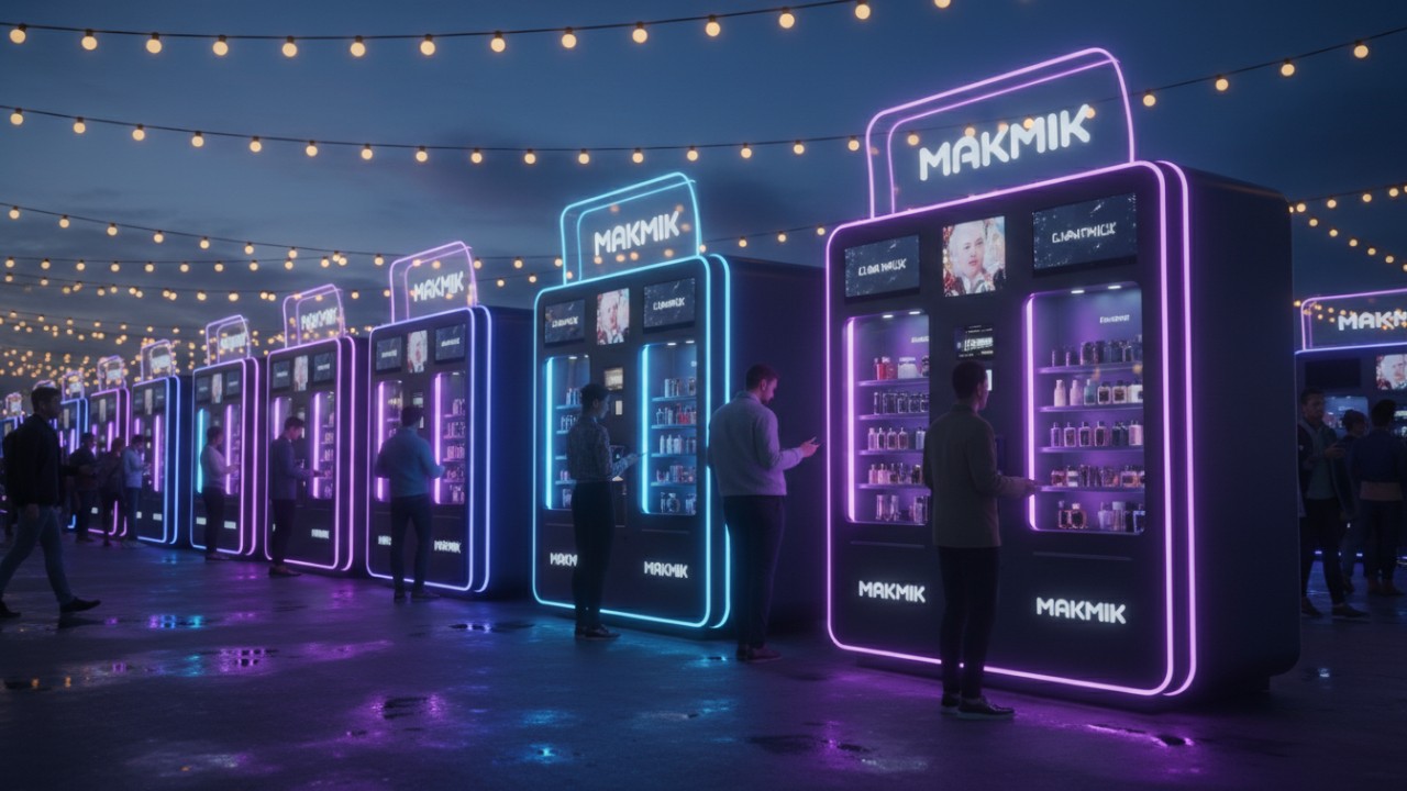 A row of illuminated MAKMIK perfume kiosks at a festival during the evening.