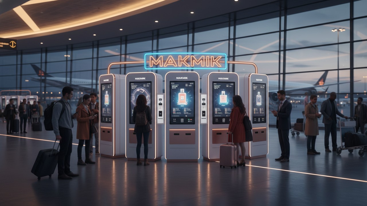 A row of MAKMIK automated perfume kiosks in a futuristic airport terminal symbolizing the growth of automated retail.
