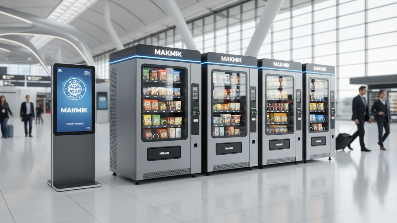 A row of MAKMIK branded vending machines in a modern airport terminal signifying successful international deployment.
