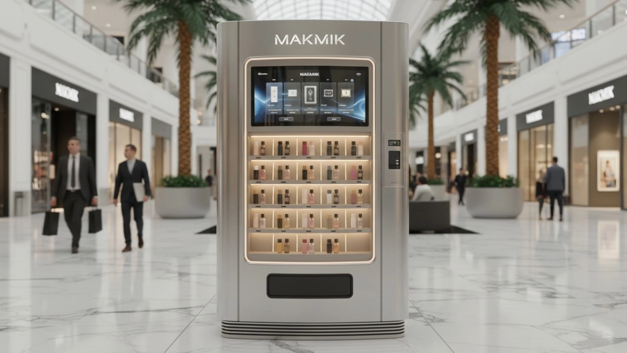 Un distributeur automatique de parfums de luxe élégant, orné du logo MAKMIK, dans un centre commercial haut de gamme.