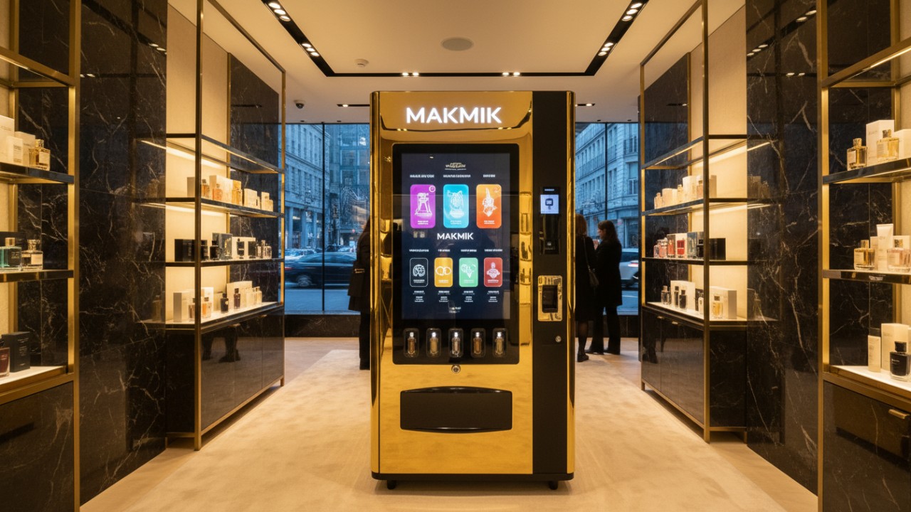 A sleek MAKMIK perfume vending machine standing in a luxury shopping mall, featuring a glowing brand logo and a digital touch interface.