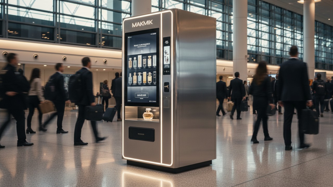 A sleek MAKMIK perfume vending machine standing in a modern, busy airport terminal with travelers in the background.