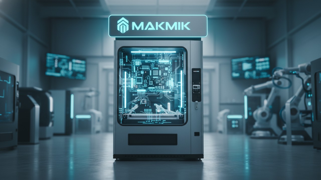 A smart vending machine with the MAKMIK brand name shown in a high-tech factory setting with digital schematic overlays