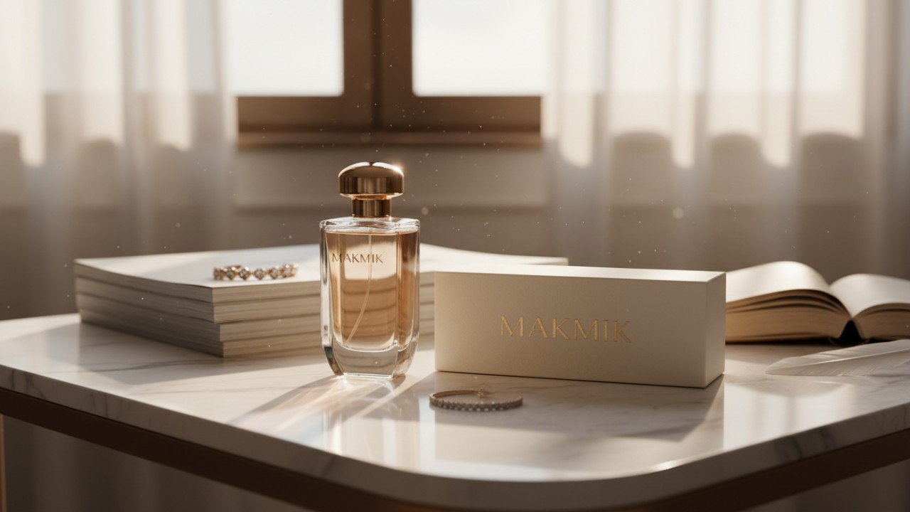 A sophisticated lifestyle scene of a MAKMIK perfume bottle and branded packaging on a sunlit vanity.