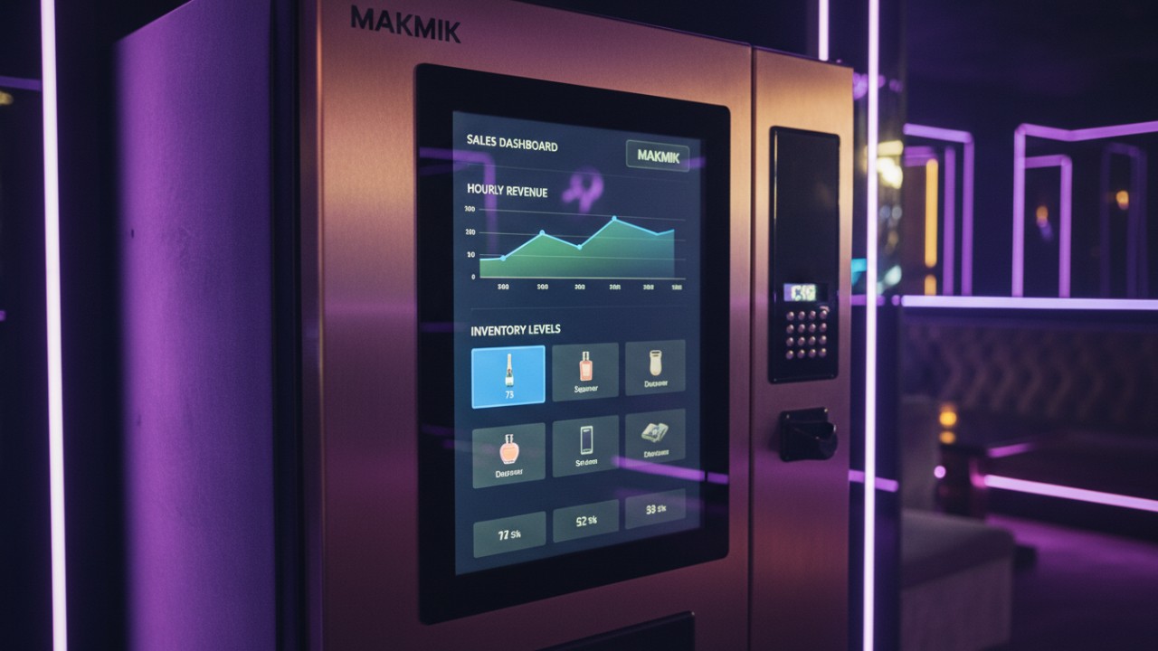 A sophisticated MAKMIK smart vending machine displaying real time IoT data in a luxury nightclub environment.