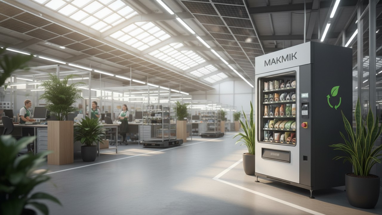 An eco-friendly lean manufacturing facility showcasing a MAKMIK vending machine with sustainable production features.