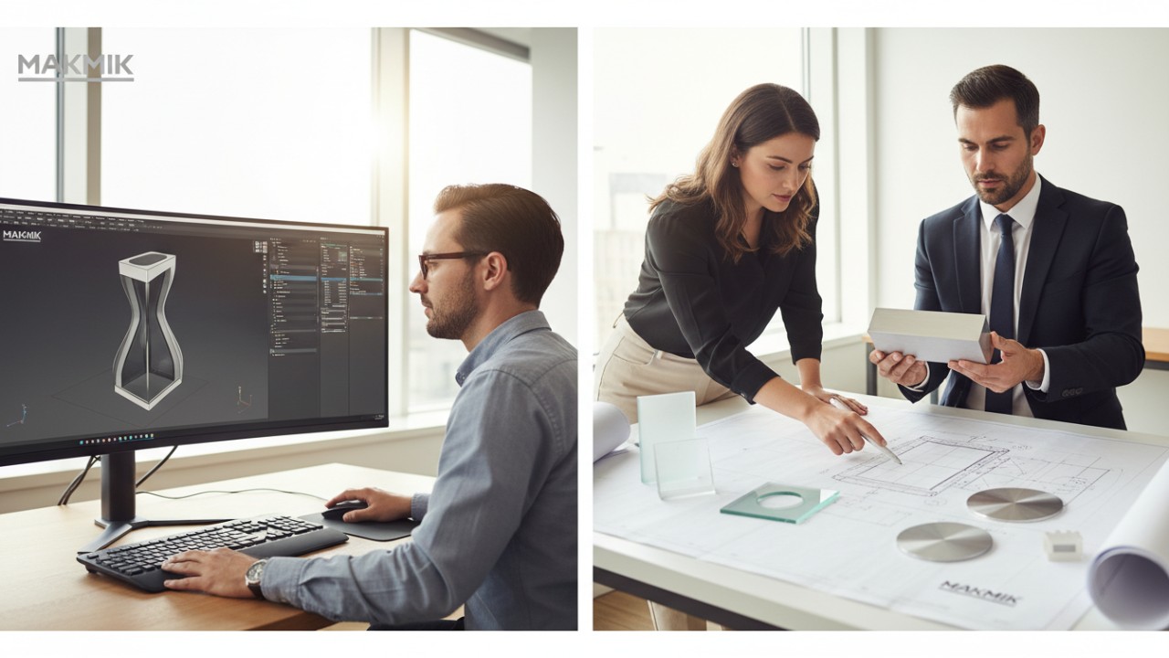 An engineer and designer collaborating on a MAKMIK brand perfume machine design to ensure high quality sourcing.