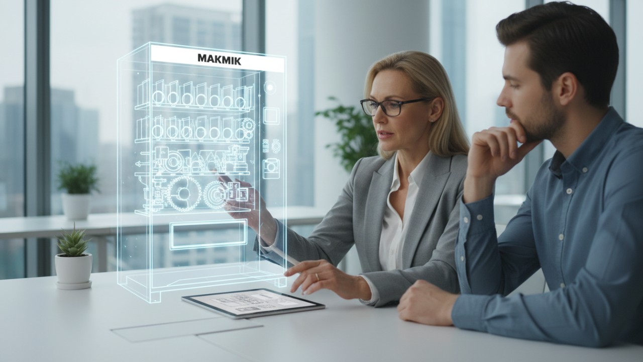 An expert reviewing a digital 3D model of a vending machine on a tablet that displays the MAKMIK brand logo.