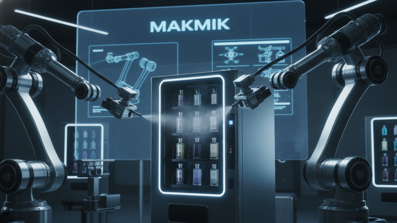 An industrial workshop setting showing the hardware engineering phase of a perfume vending machine with the MAKMIK logo on a background monitor