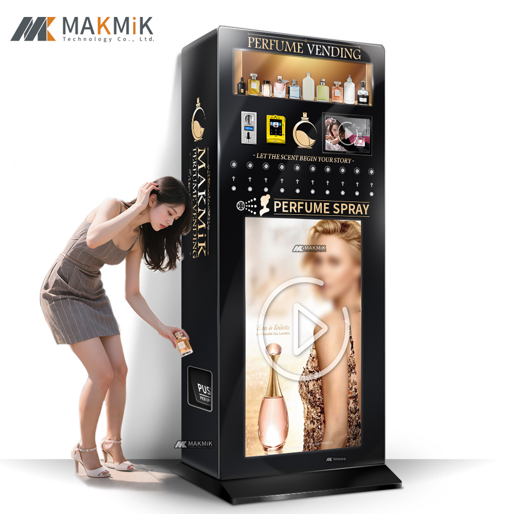 Woman picking up a perfume from an MK-PM-S002-1 fragrance spray and perfume sample vending machine.