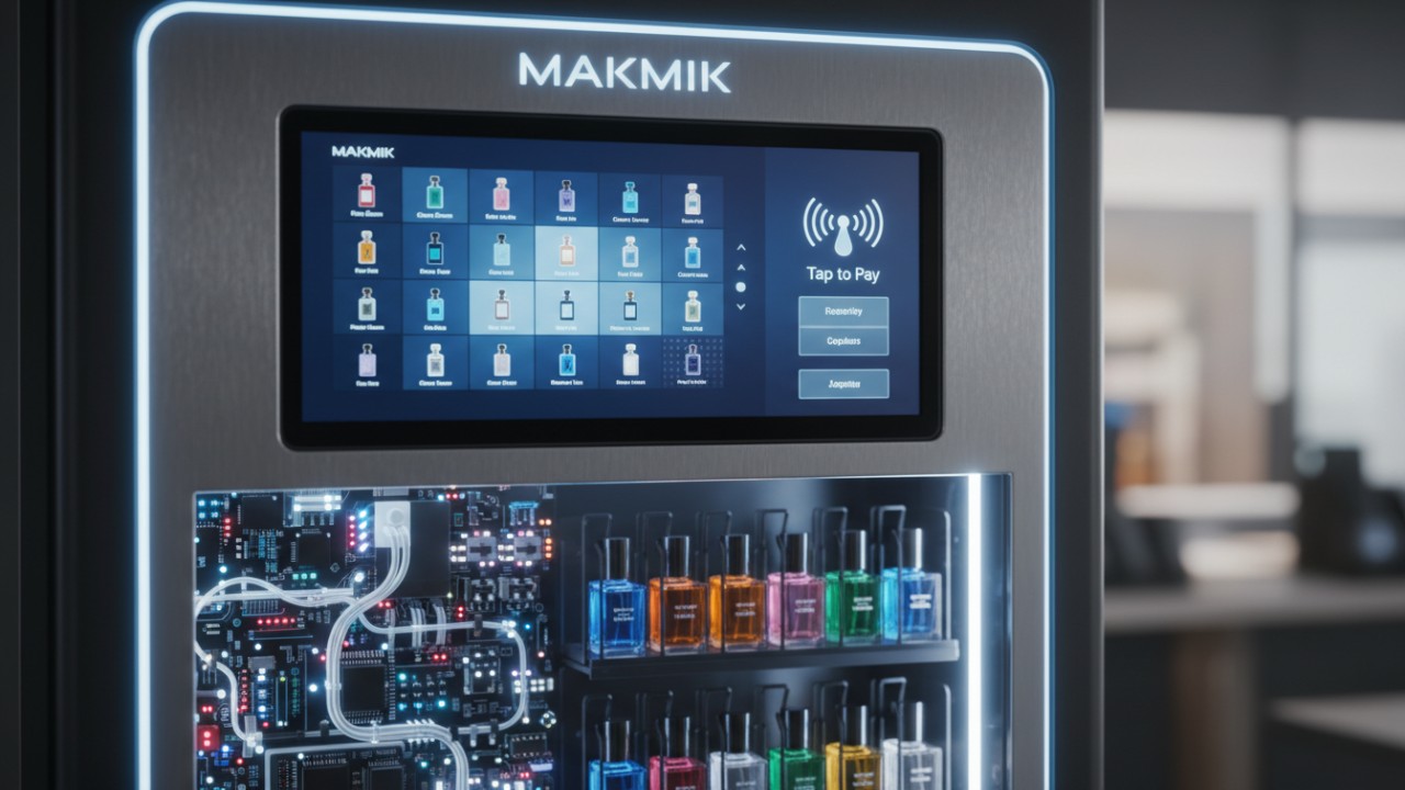 Close up of a MAKMIK smart perfume vending machine interface featuring a digital touchscreen and a contactless payment symbol.