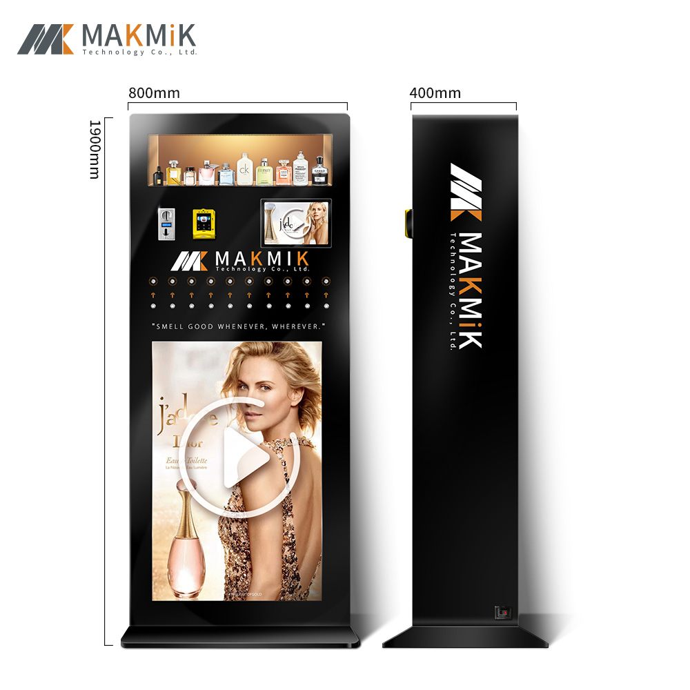 Fragrance vending machine with display case at the top, sleek black design, 1900x800mm.