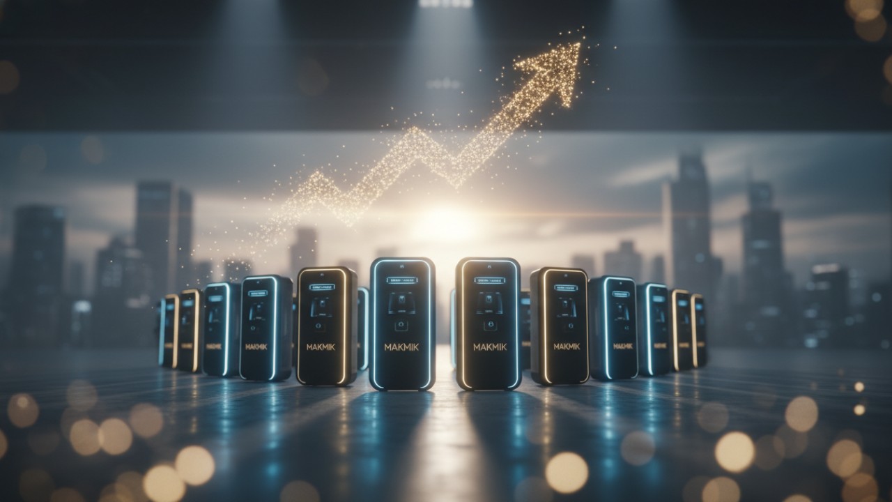 Several MAKMIK perfume kiosks lined up with a growth arrow representing high return on investment