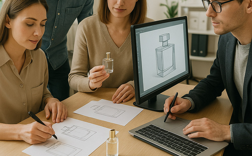 3.Creative Team Working on Perfume Packaging Design with Sketches and 3D Model 3.Creative Team Working on Perfume Packaging Design with Sketches and 3D Model