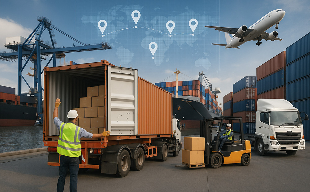 6.Real-Life Global Logistics Scene with Containers, Cargo Ships, Airplanes, and Digital Tracking Icons 6.Real-Life Global Logistics Scene with Containers, Cargo Ships, Airplanes, and Digital Tracking Icons
