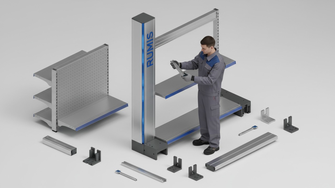 A 3D illustration showing the assembly of retail shelving parts including brackets and uprights with the RUMIS brand name etched on the metal.