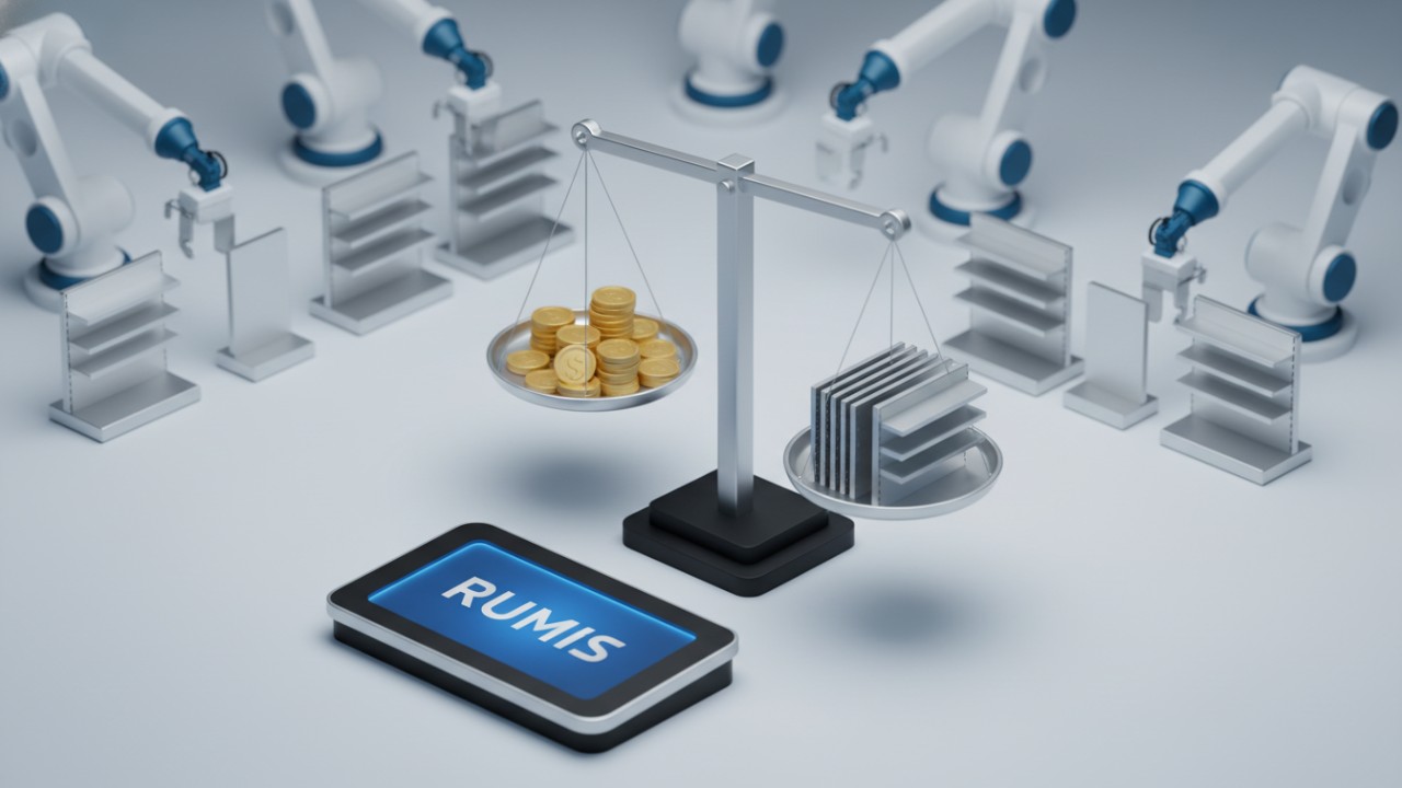 A 3D illustration showing the balance between cash flow and retail display rack inventory with the RUMIS brand name on a digital screen.