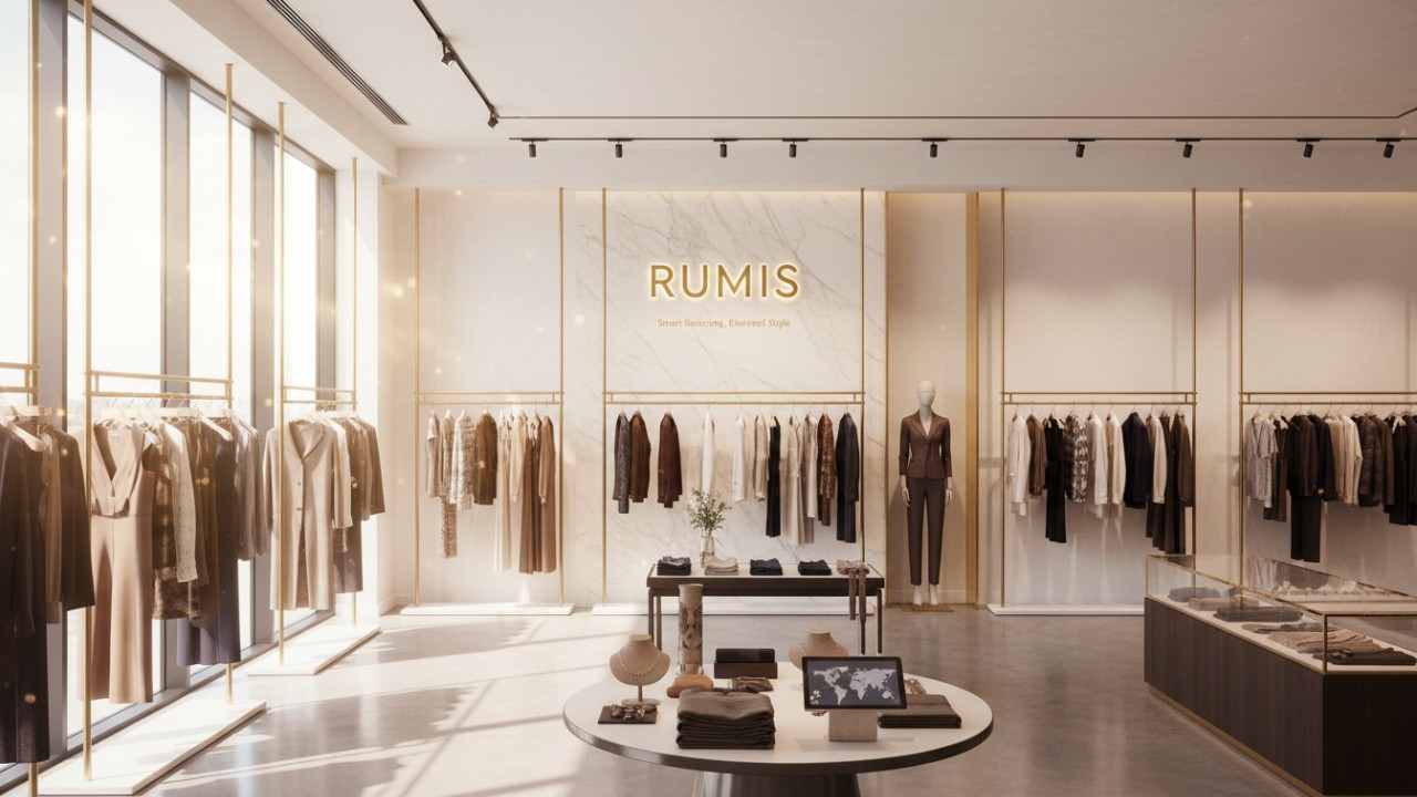 A beautiful luxury retail store interior featuring elegant display racks and a golden RUMIS brand sign.