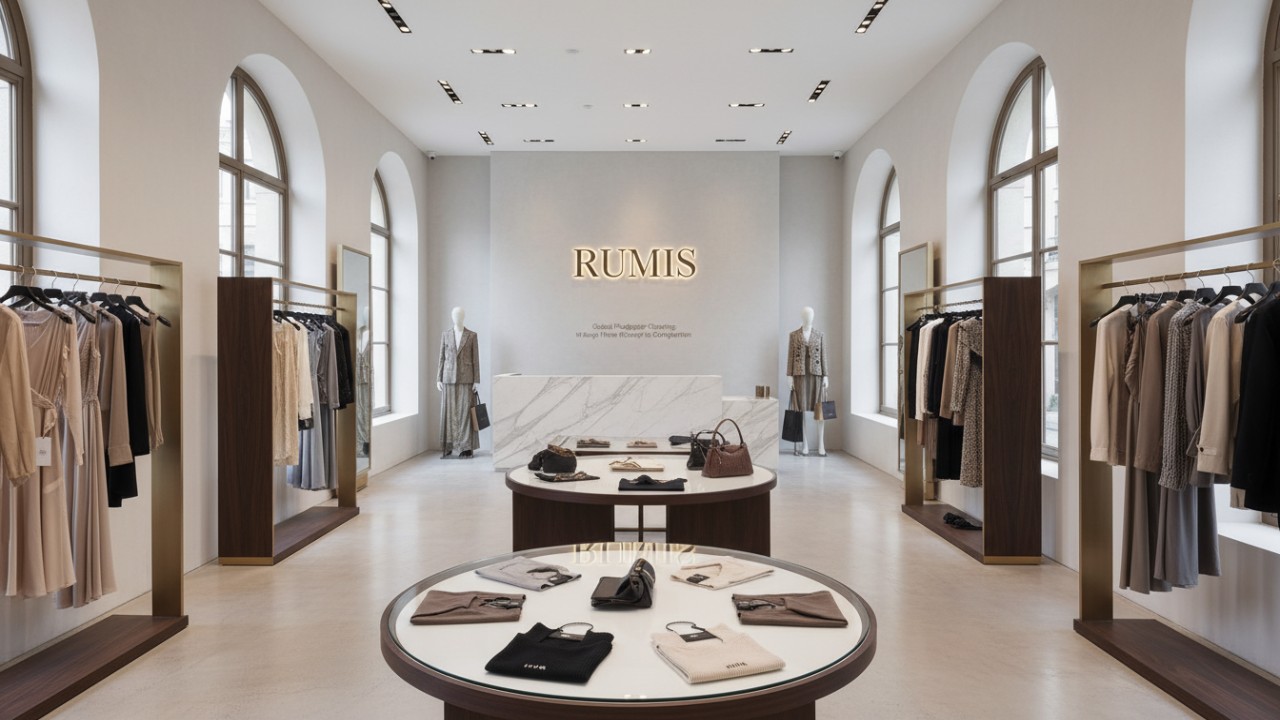 A beautifully designed luxury clothing store interior featuring high-end RUMIS fixtures and branding.