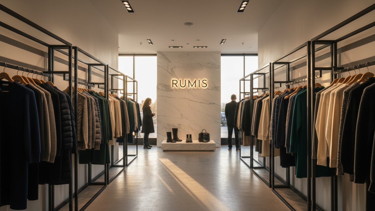 A beautifully organized high-end boutique featuring RUMIS brand clothing displays.